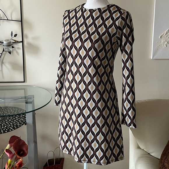 Zara Jacquard Knit Brown Geometric Retro Print Mini Shift Dress Size Small NWT - Picture 9 of 15